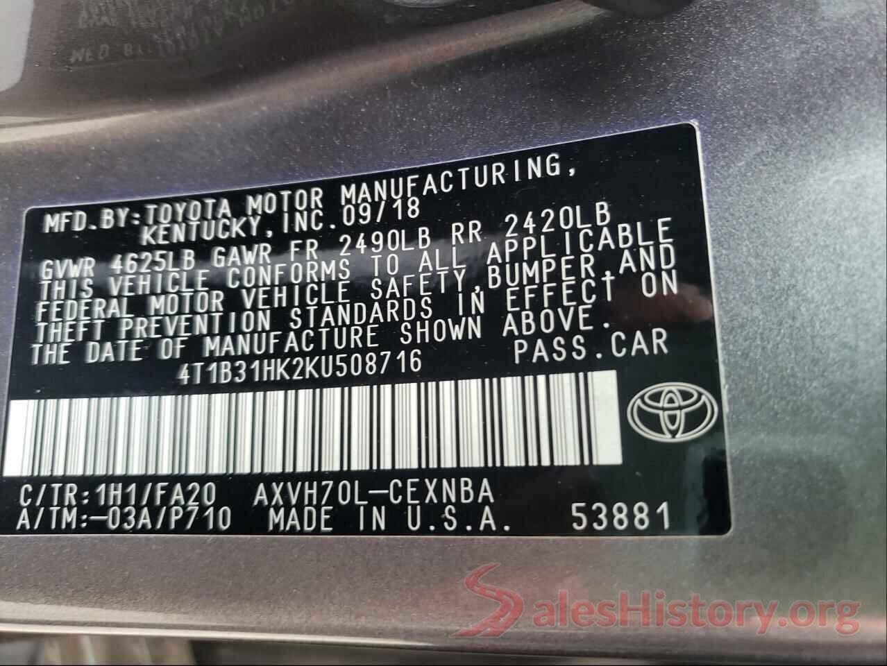 4T1B31HK2KU508716 2019 TOYOTA CAMRY