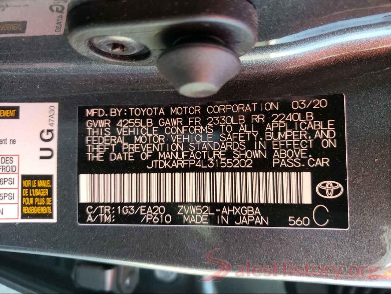 JTDKARFP4L3155202 2020 TOYOTA PRIUS