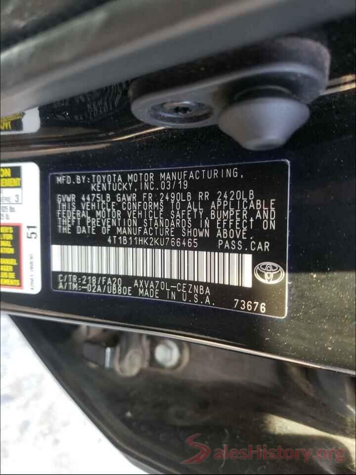 4T1B11HK2KU766465 2019 TOYOTA CAMRY