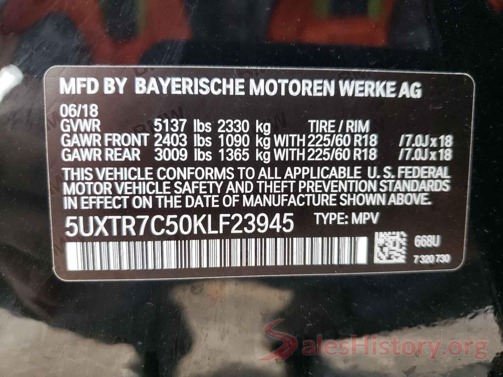 5UXTR7C50KLF23945 2019 BMW X3