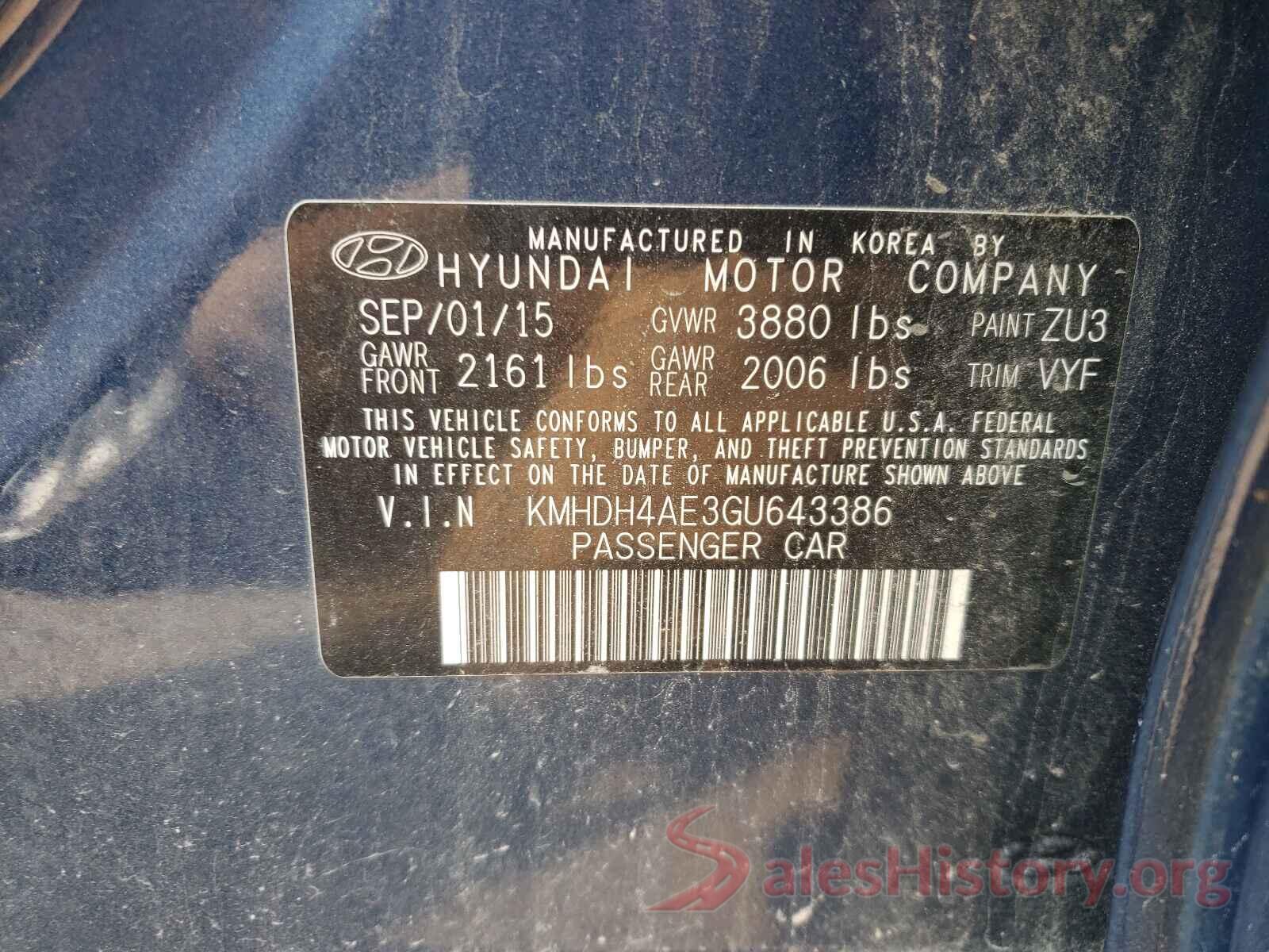 KMHDH4AE3GU643386 2016 HYUNDAI ELANTRA