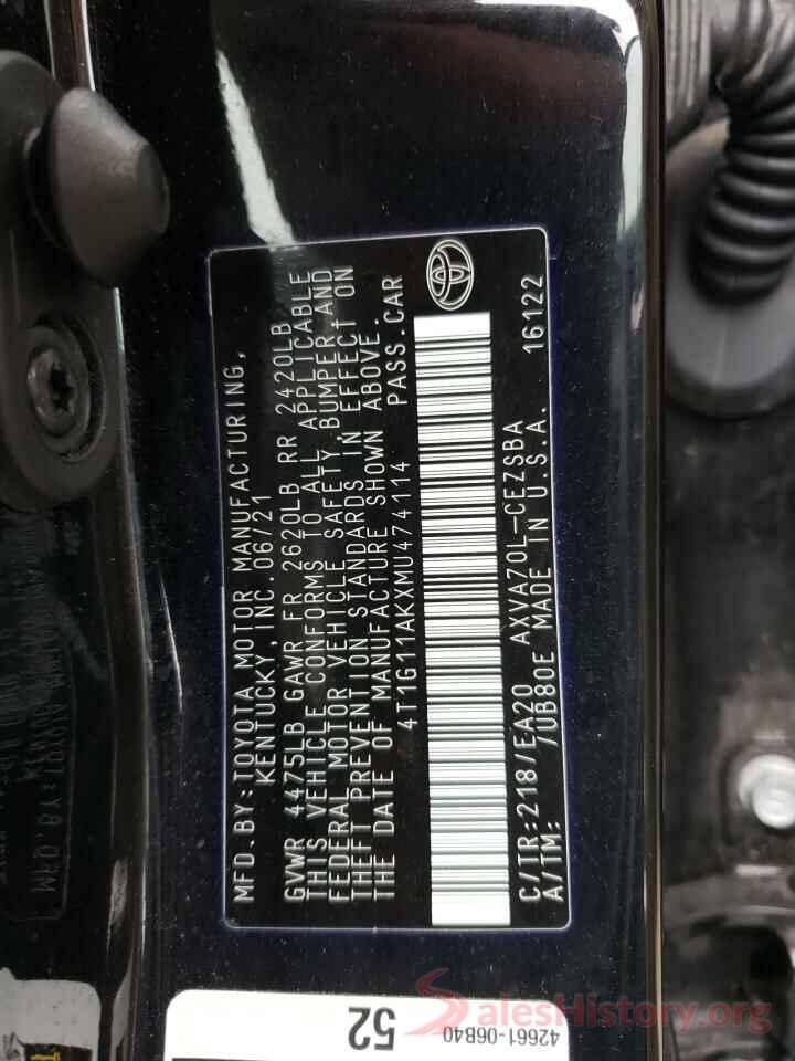 4T1G11AKXMU474114 2021 TOYOTA CAMRY