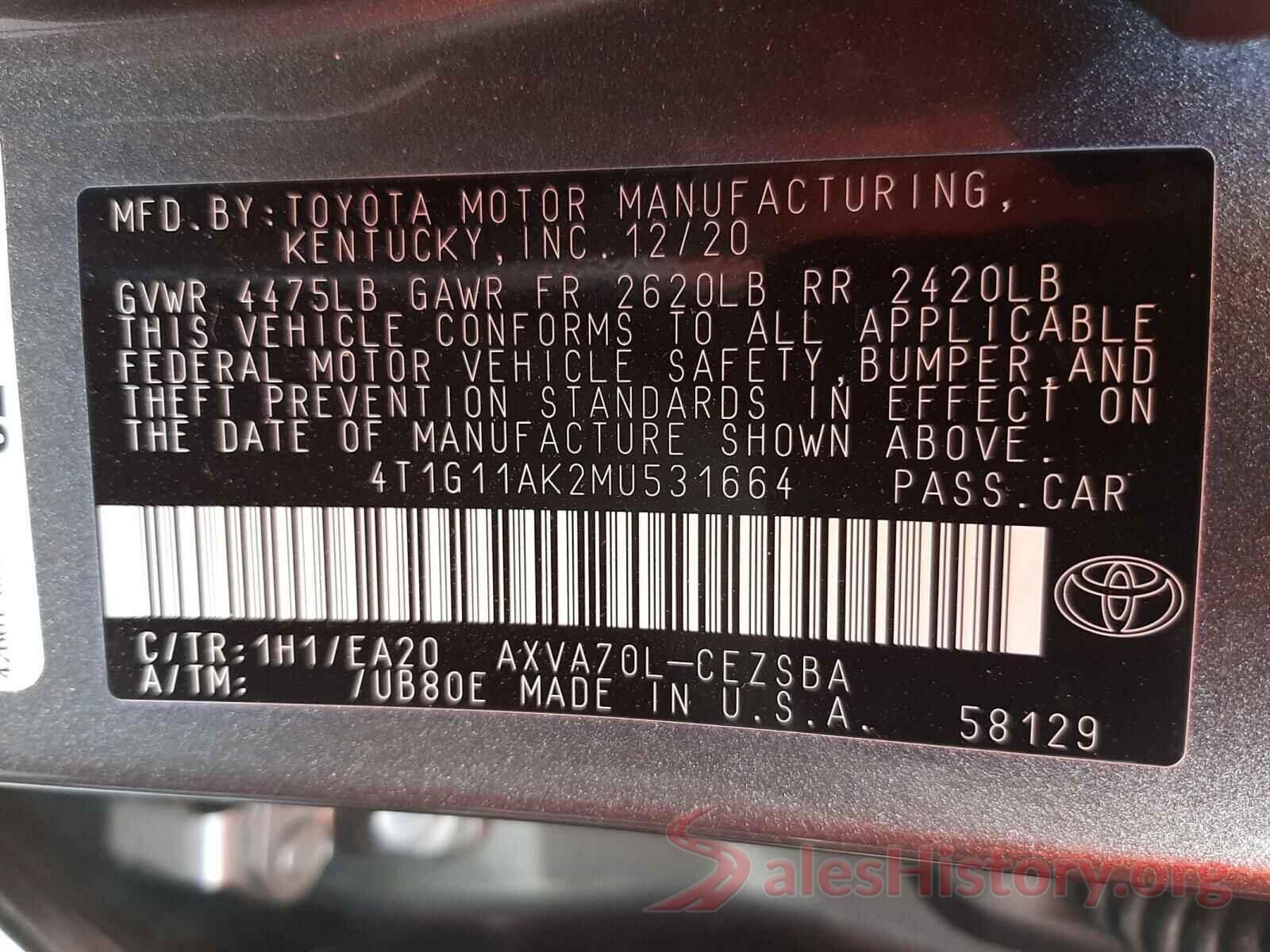 4T1G11AK2MU531664 2021 TOYOTA CAMRY