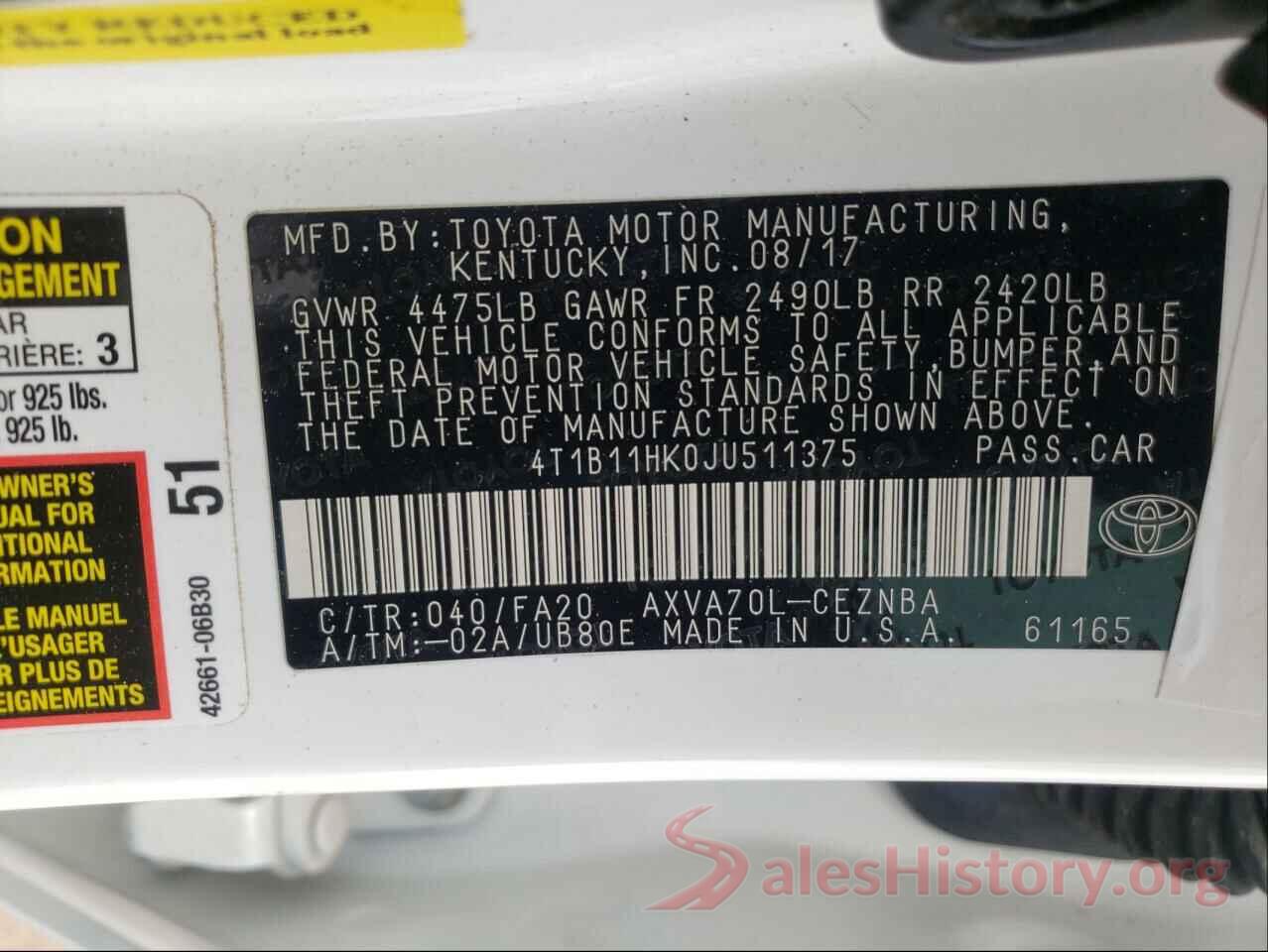 4T1B11HK0JU511375 2018 TOYOTA CAMRY