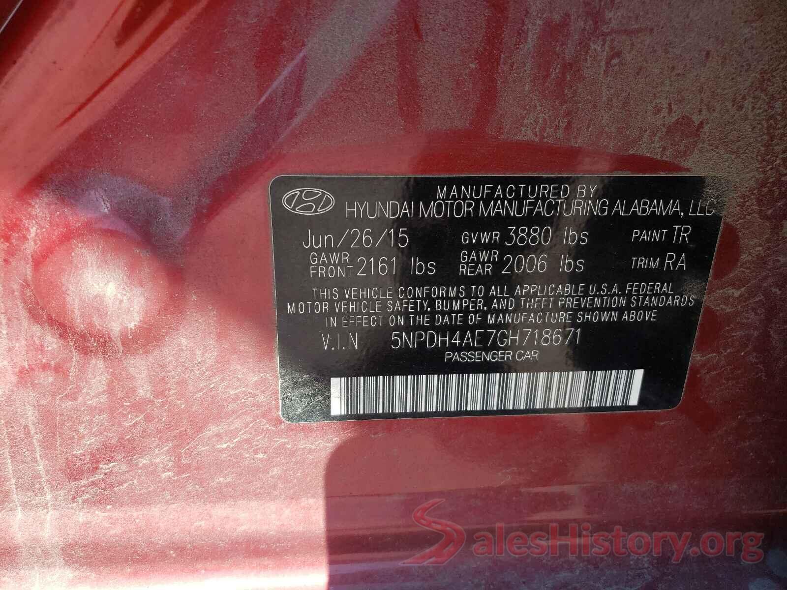 5NPDH4AE7GH718671 2016 HYUNDAI ELANTRA