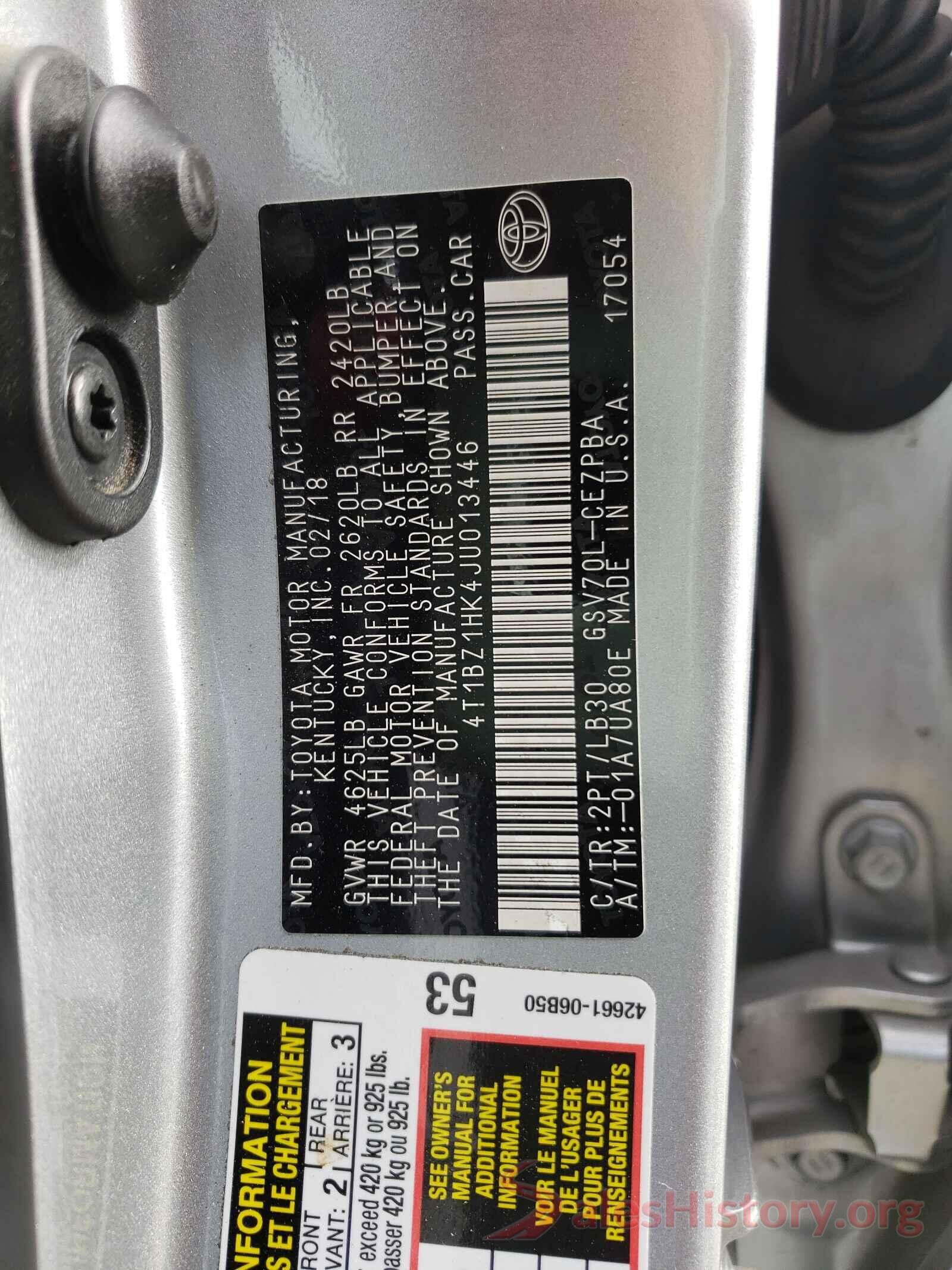 4T1BZ1HK4JU013446 2018 TOYOTA CAMRY