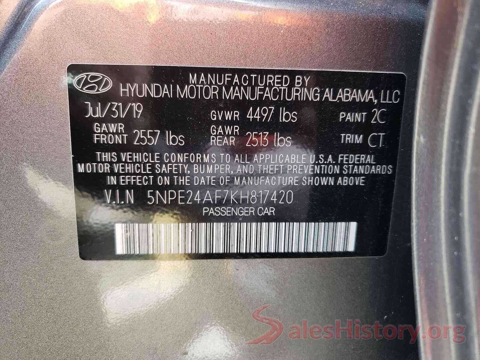 5NPE24AF7KH817420 2019 HYUNDAI SONATA