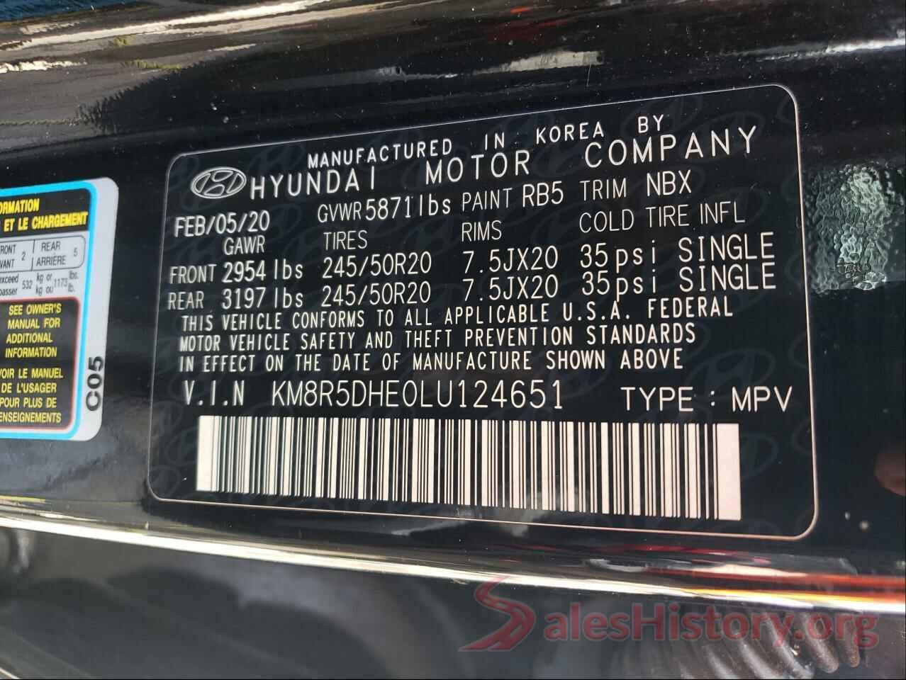 KM8R5DHE0LU124651 2020 HYUNDAI PALISADE