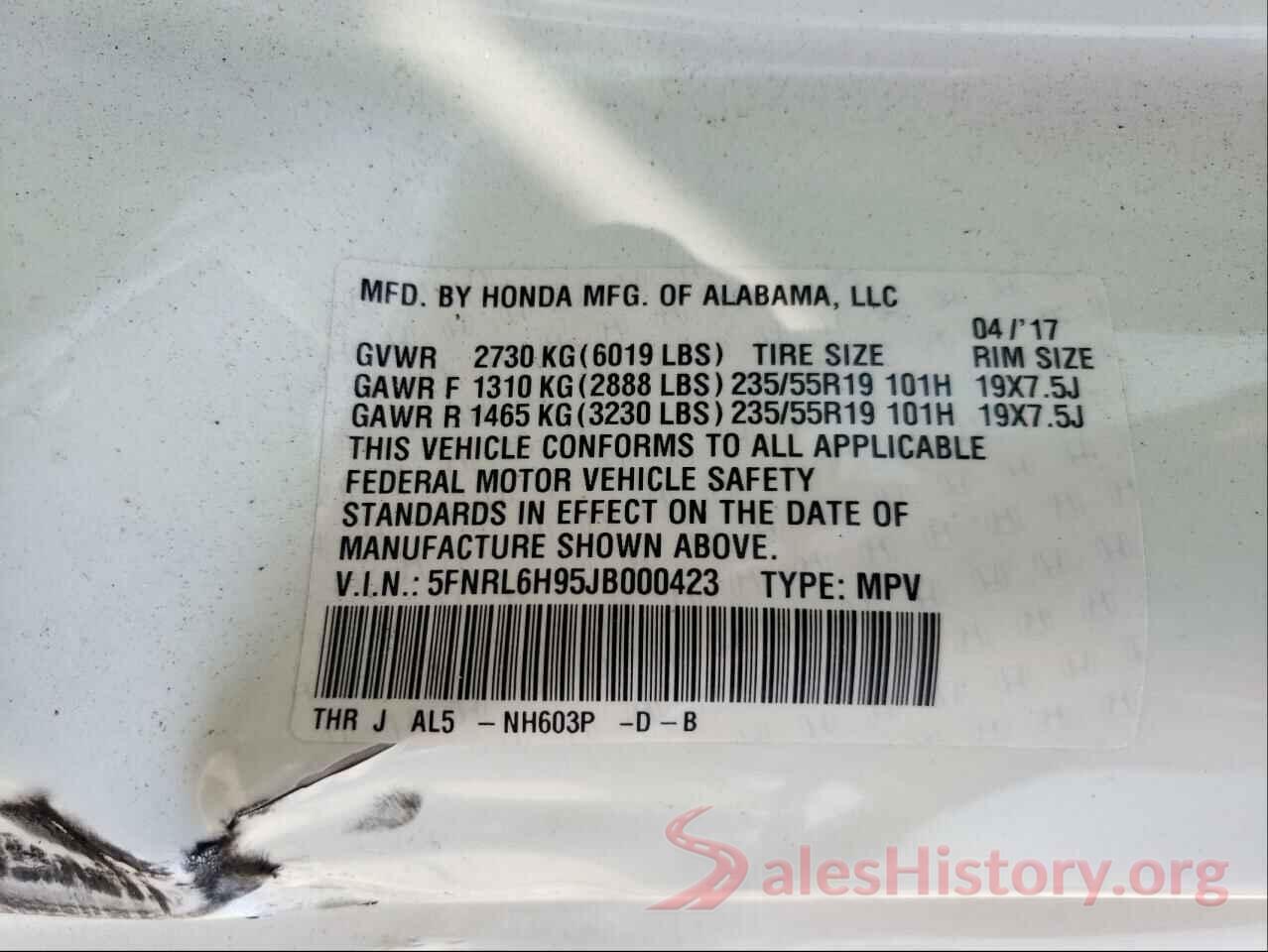 5FNRL6H95JB000423 2018 HONDA ODYSSEY