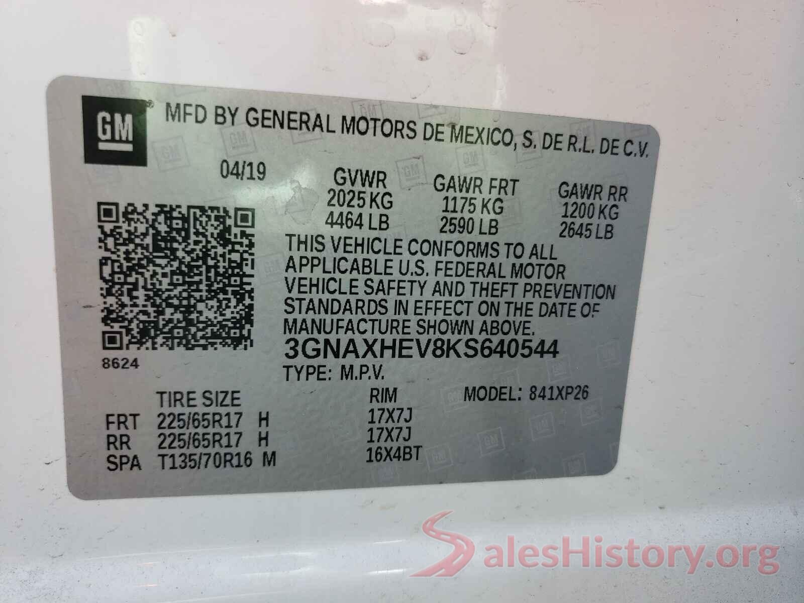 3GNAXHEV8KS640544 2019 CHEVROLET EQUINOX