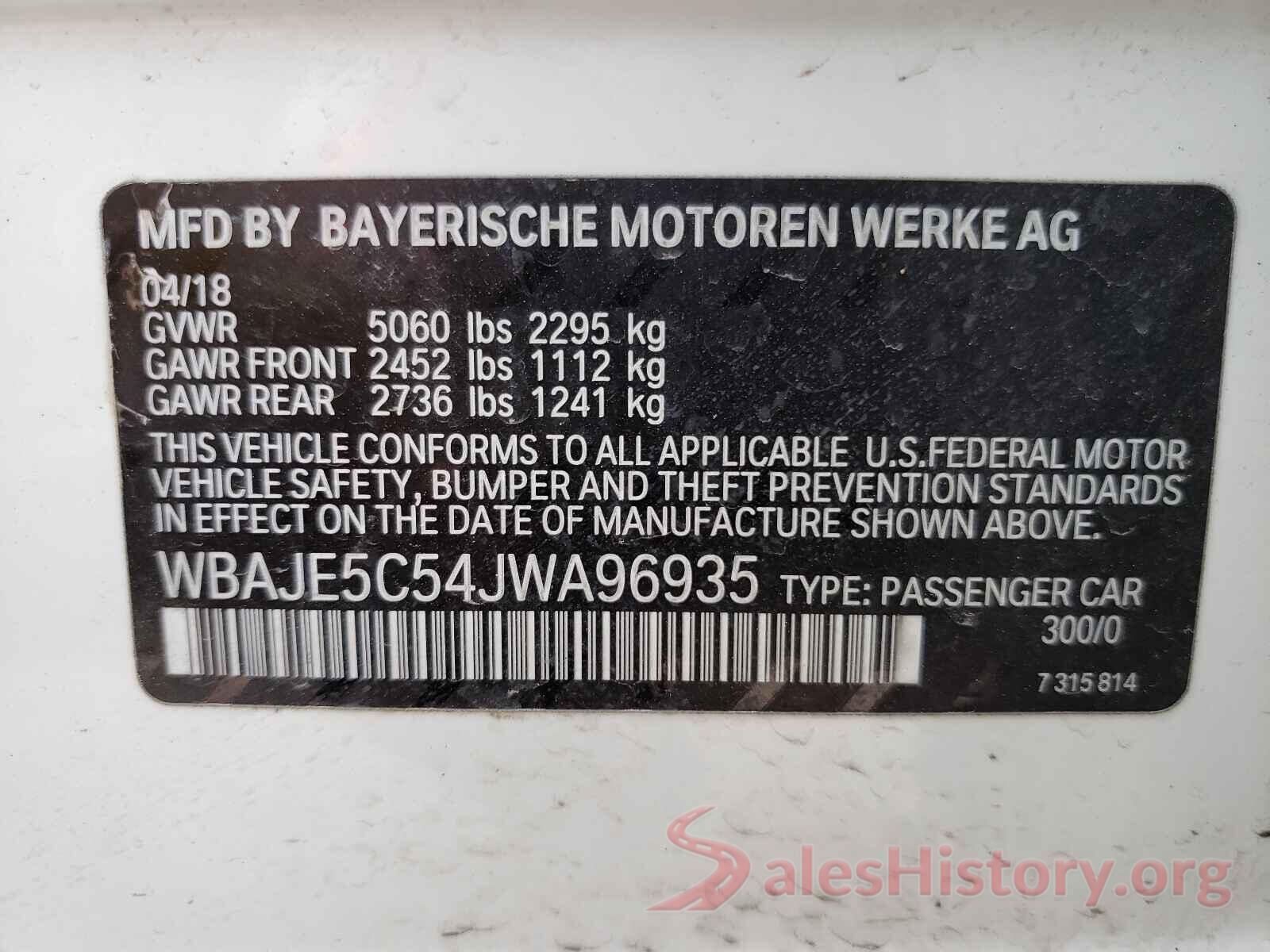 WBAJE5C54JWA96935 2018 BMW 5 SERIES