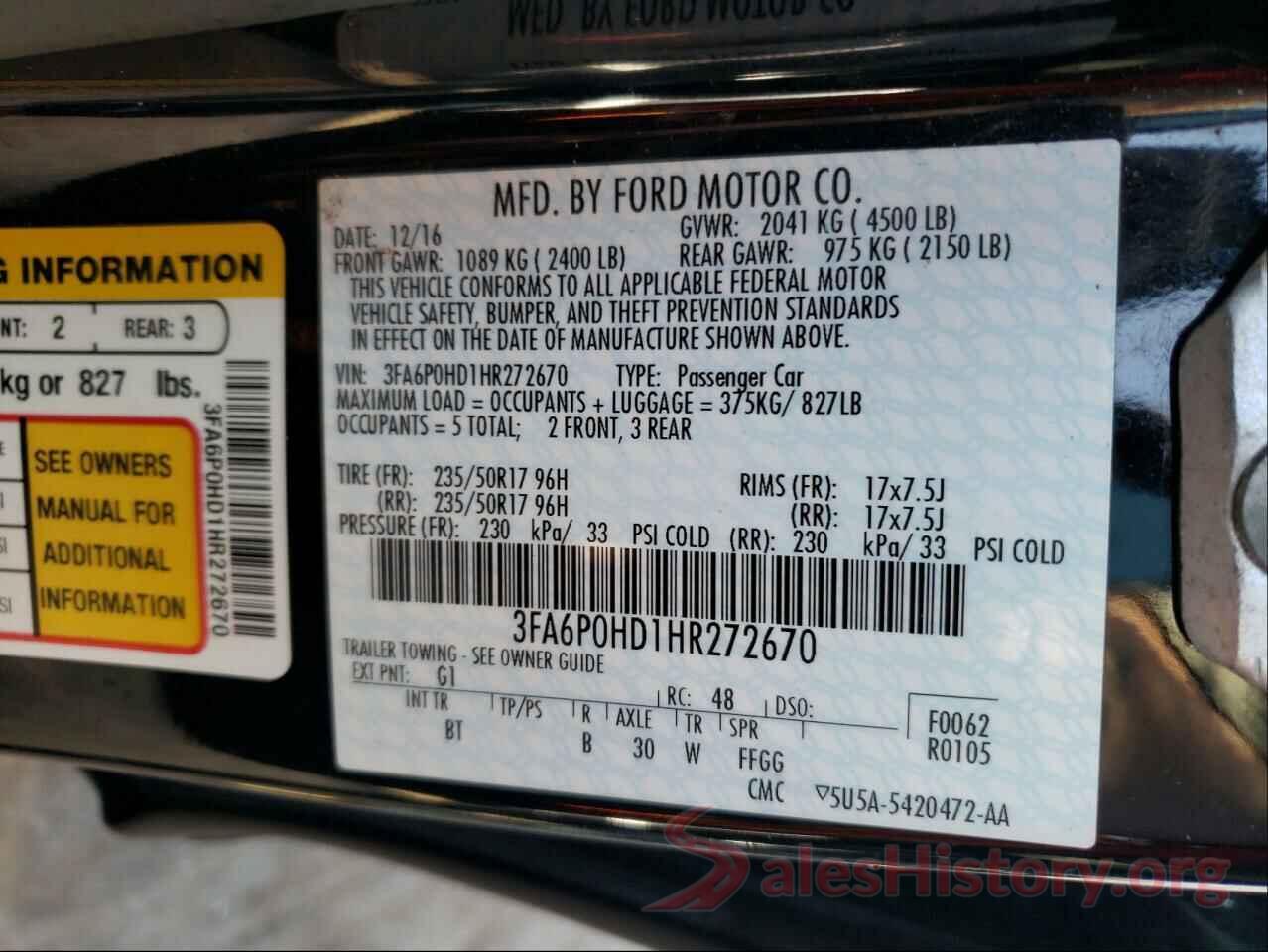 3FA6P0HD1HR272670 2017 FORD FUSION