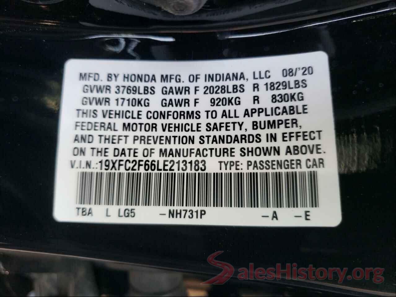 19XFC2F66LE213183 2020 HONDA CIVIC