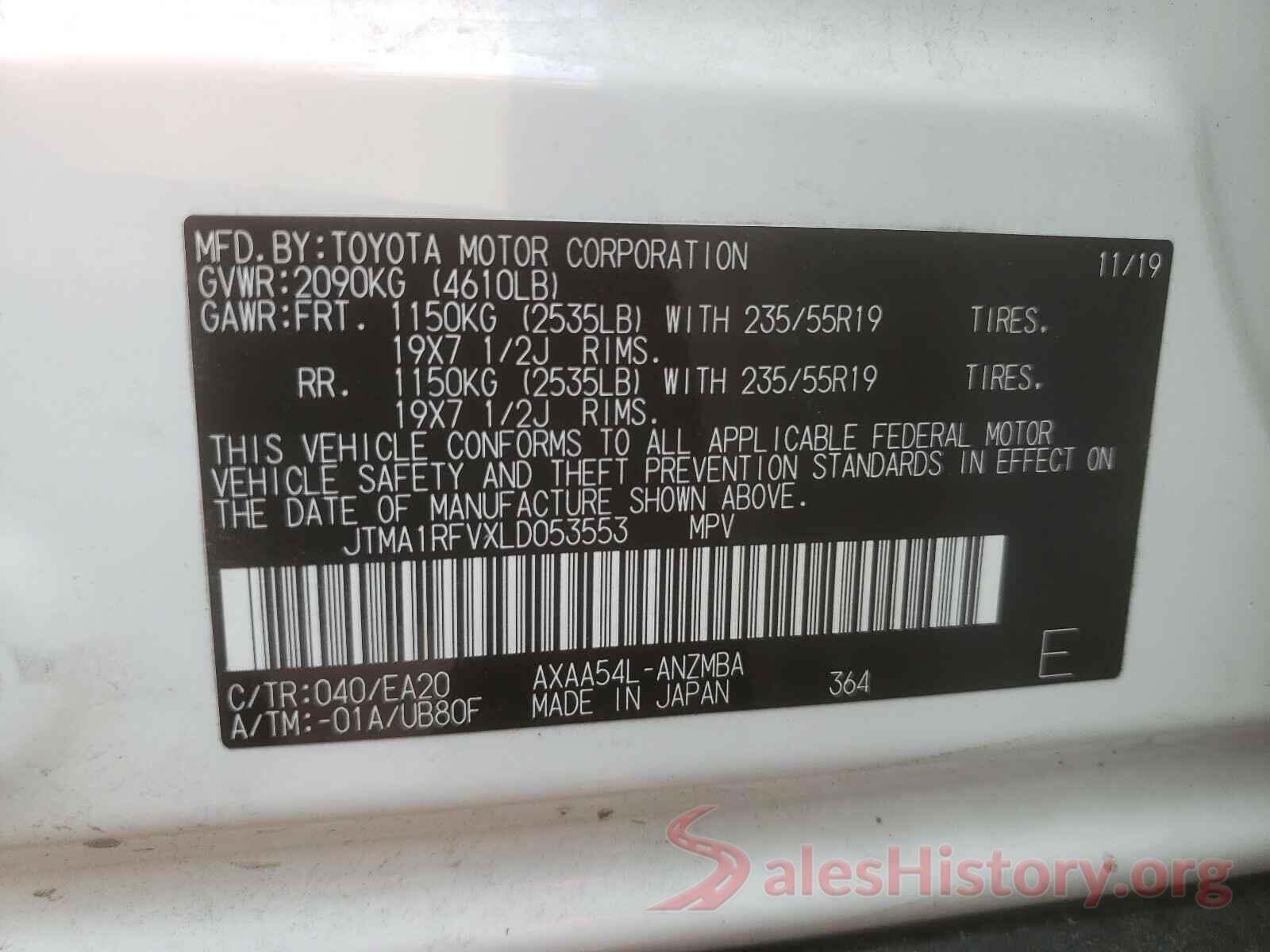 JTMA1RFVXLD053553 2020 TOYOTA RAV4