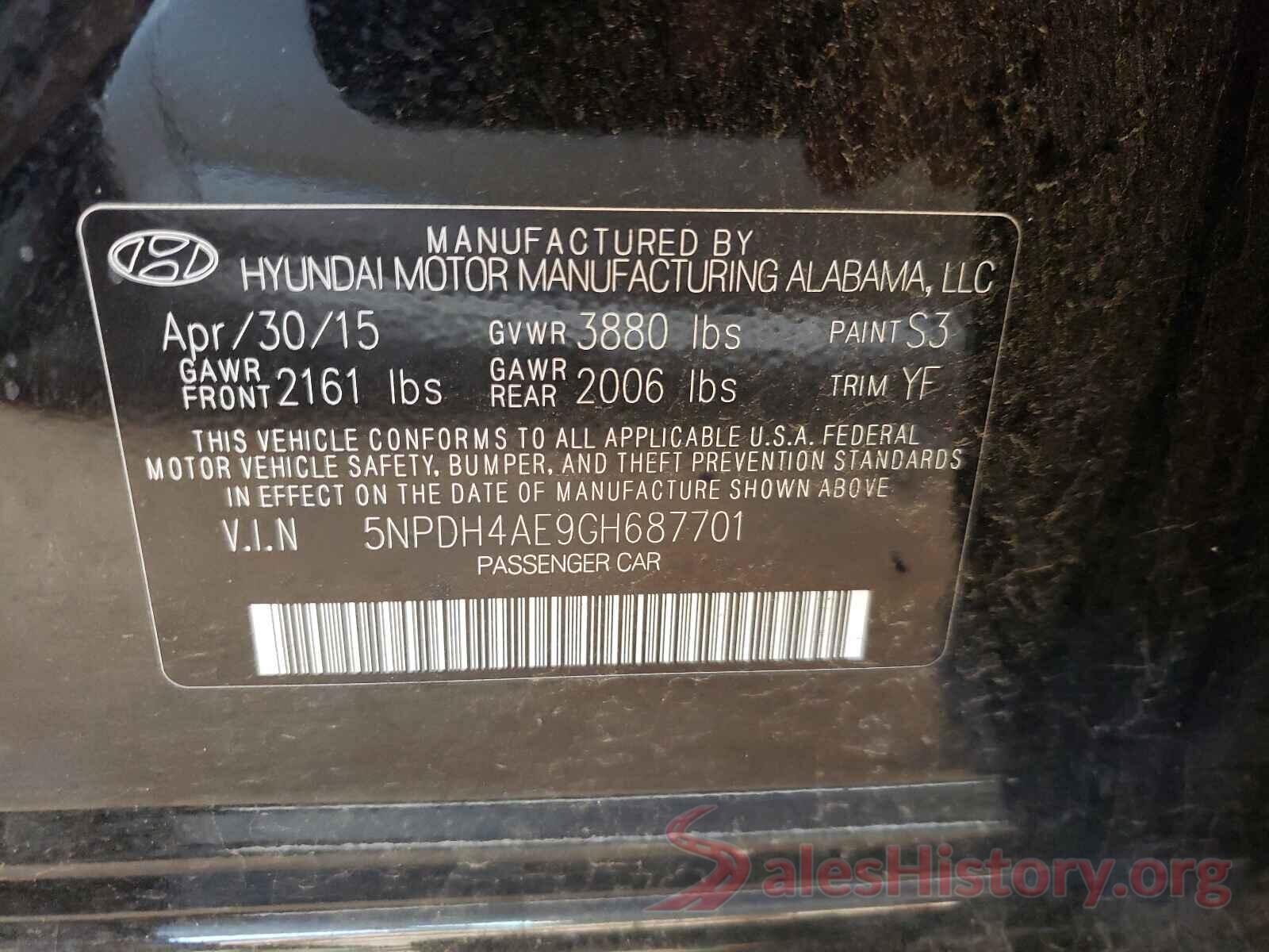 5NPDH4AE9GH687701 2016 HYUNDAI ELANTRA