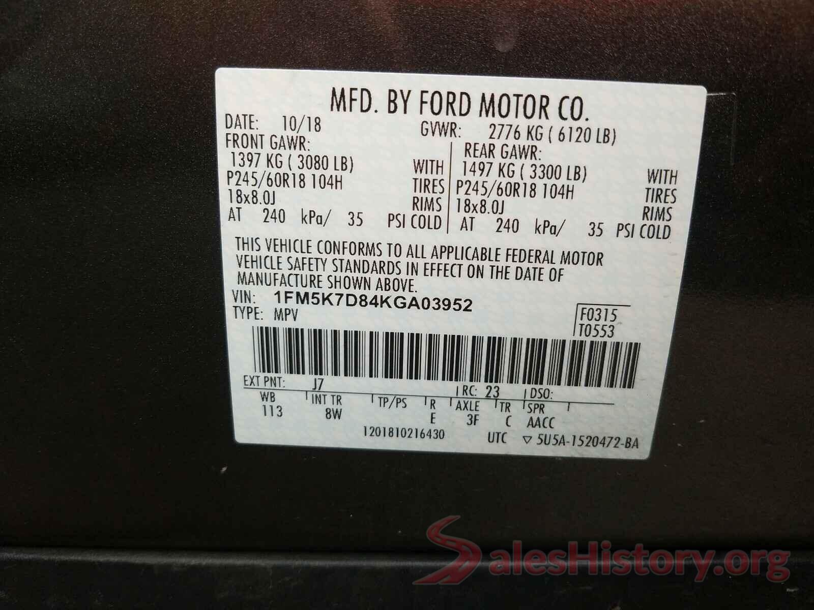 1FM5K7D84KGA03952 2019 FORD EXPLORER