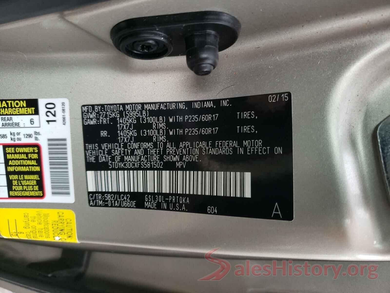 5TDYK3DCXFS581502 2015 TOYOTA SIENNA