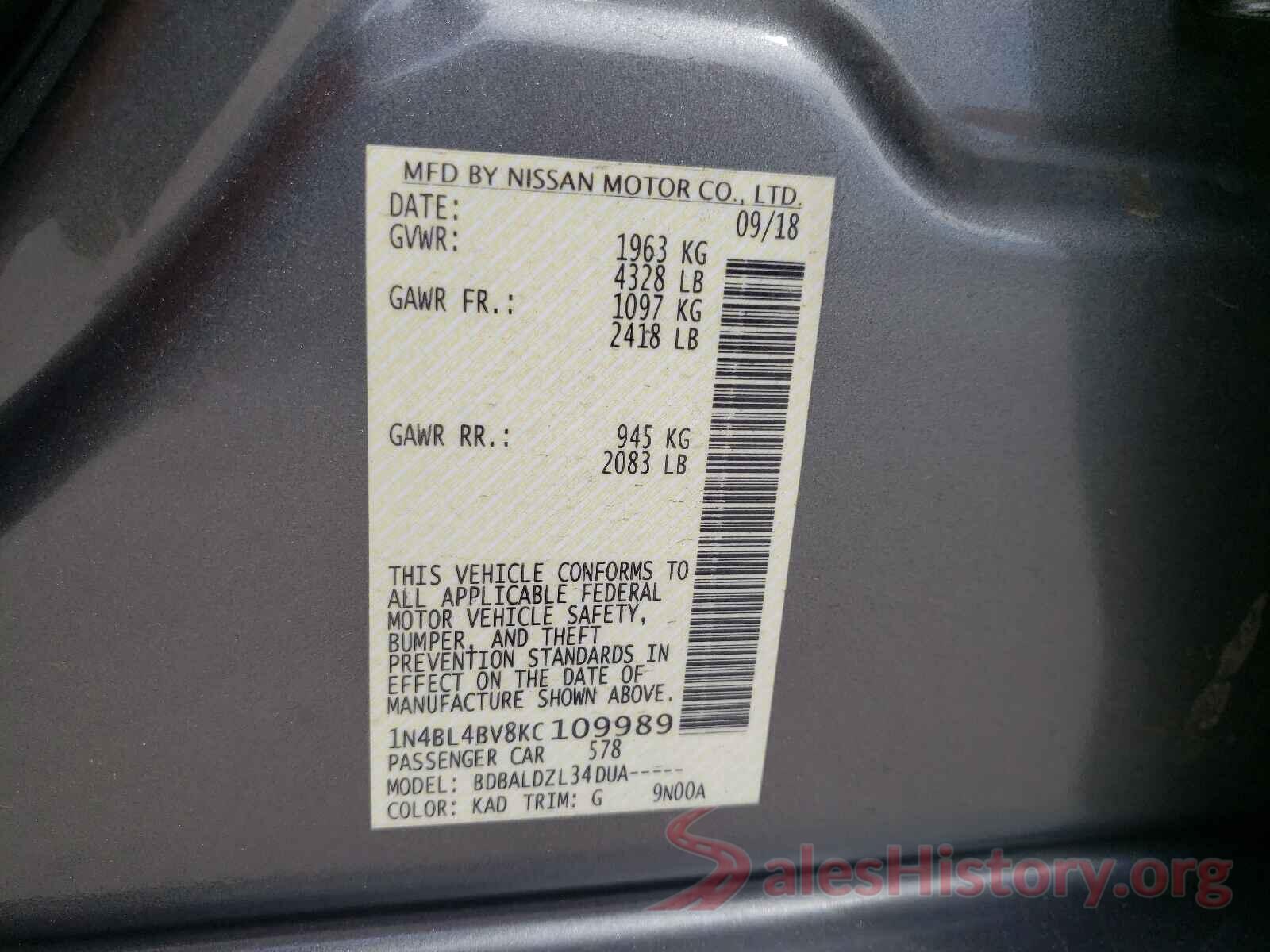 1N4BL4BV8KC109989 2019 NISSAN ALTIMA