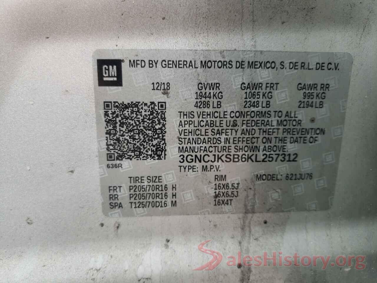 3GNCJKSB6KL257312 2019 CHEVROLET TRAX