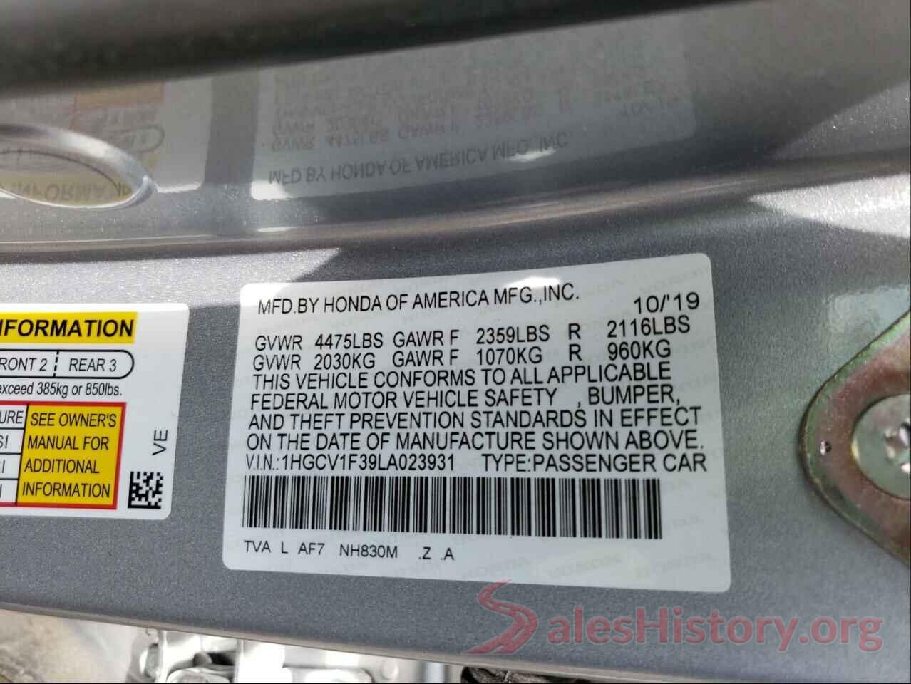 1HGCV1F39LA023931 2020 HONDA ACCORD