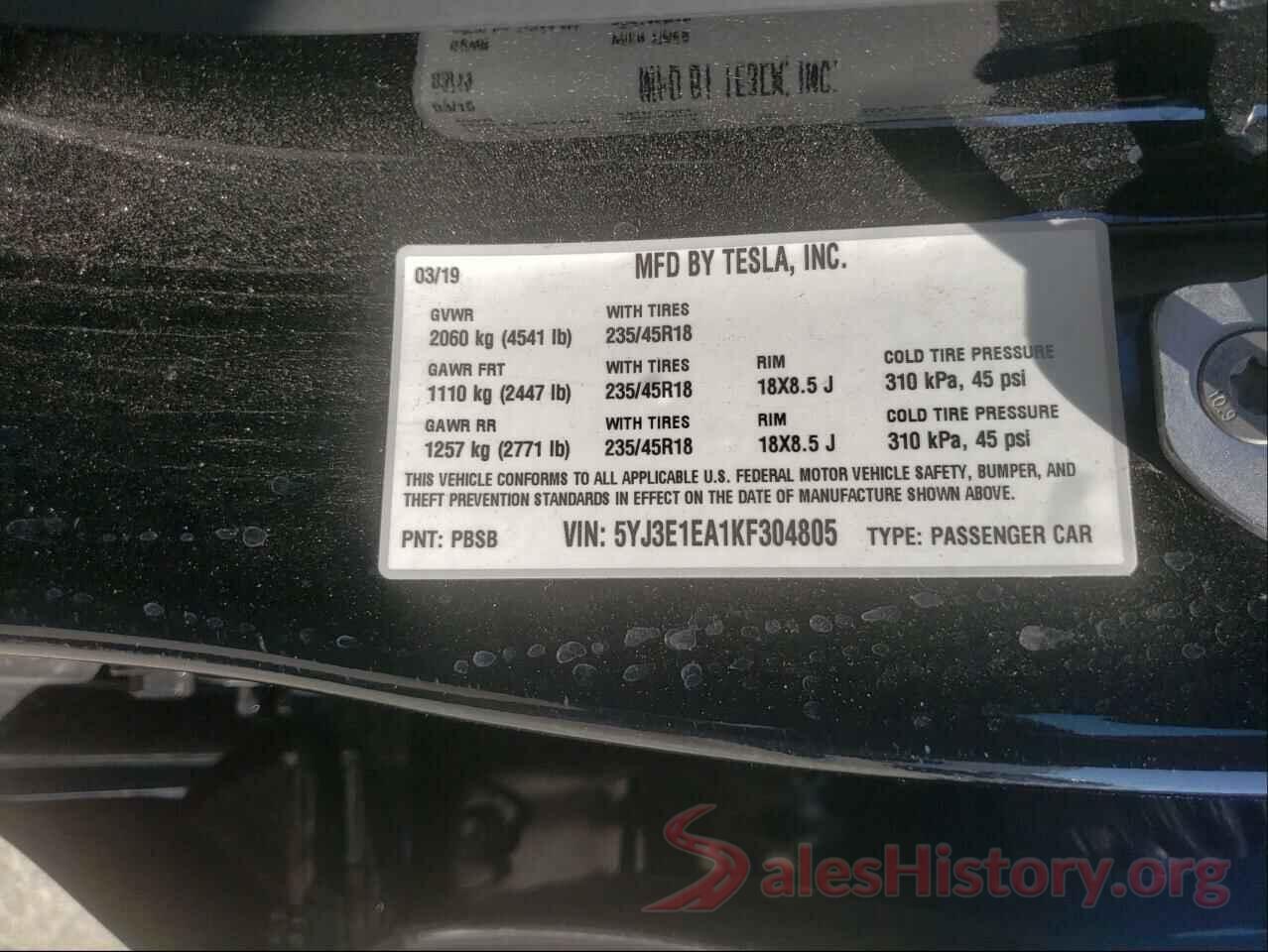 5YJ3E1EA1KF304805 2019 TESLA MODEL 3