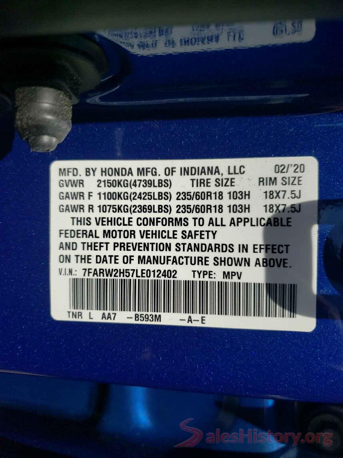 7FARW2H57LE012402 2020 HONDA CRV