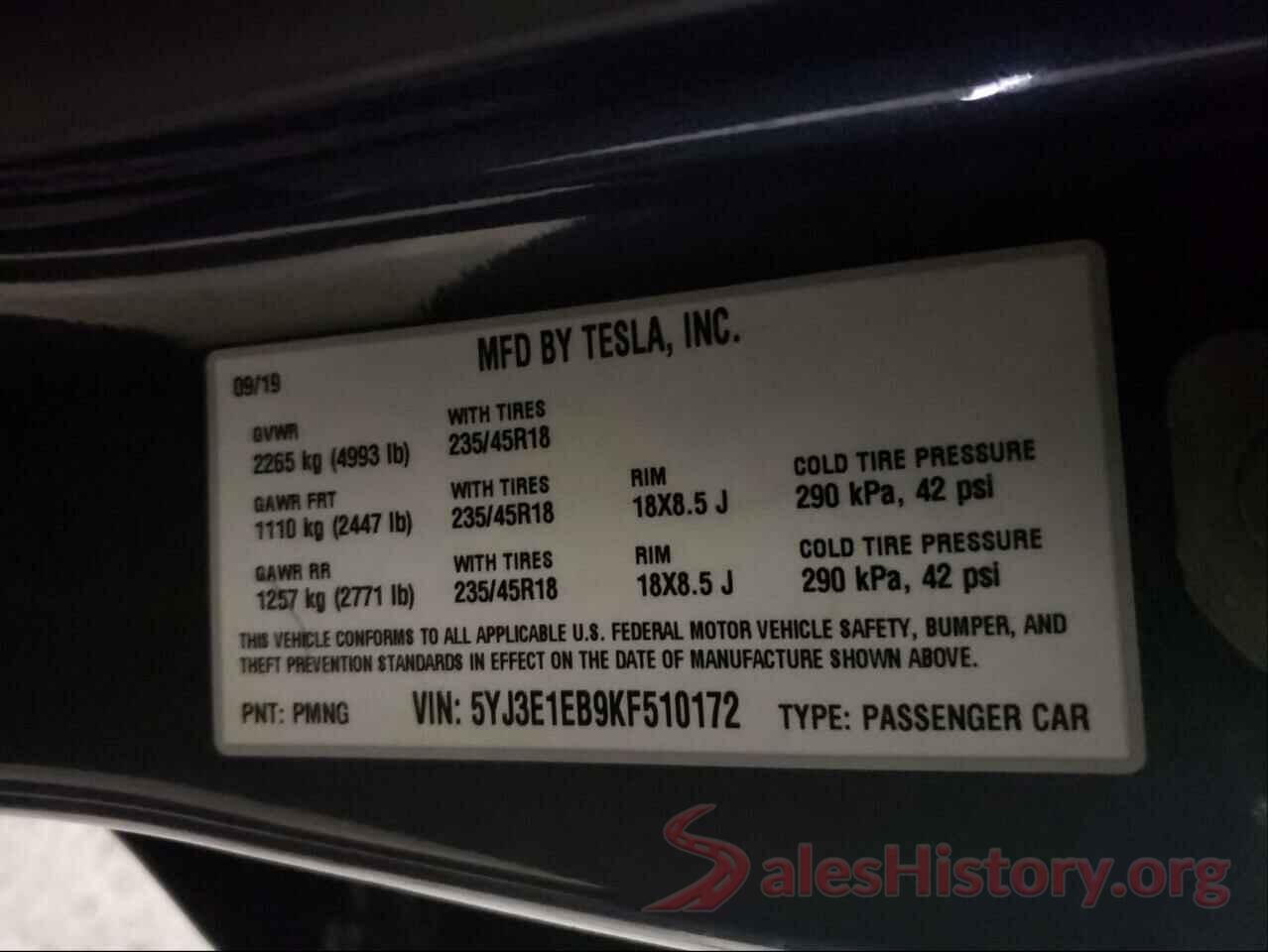 5YJ3E1EB9KF510172 2019 TESLA MODEL 3