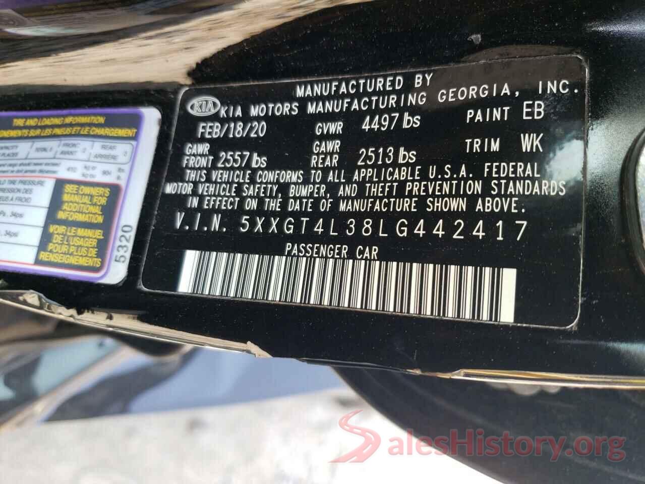 5XXGT4L38LG442417 2020 KIA OPTIMA