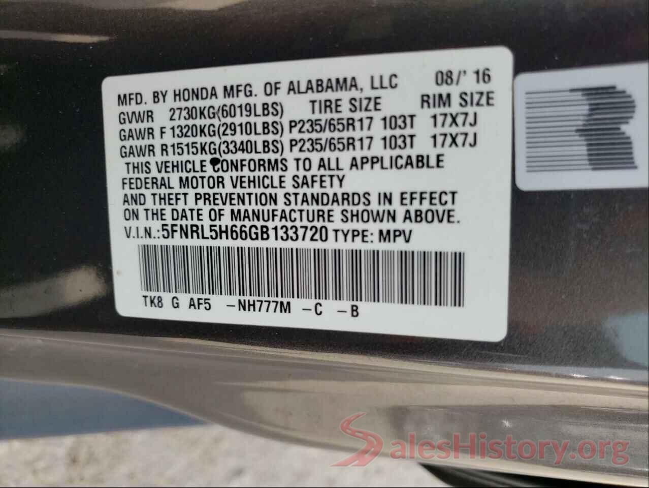 5FNRL5H66GB133720 2016 HONDA ODYSSEY