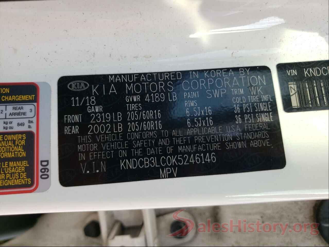 KNDCB3LC0K5246146 2019 KIA NIRO