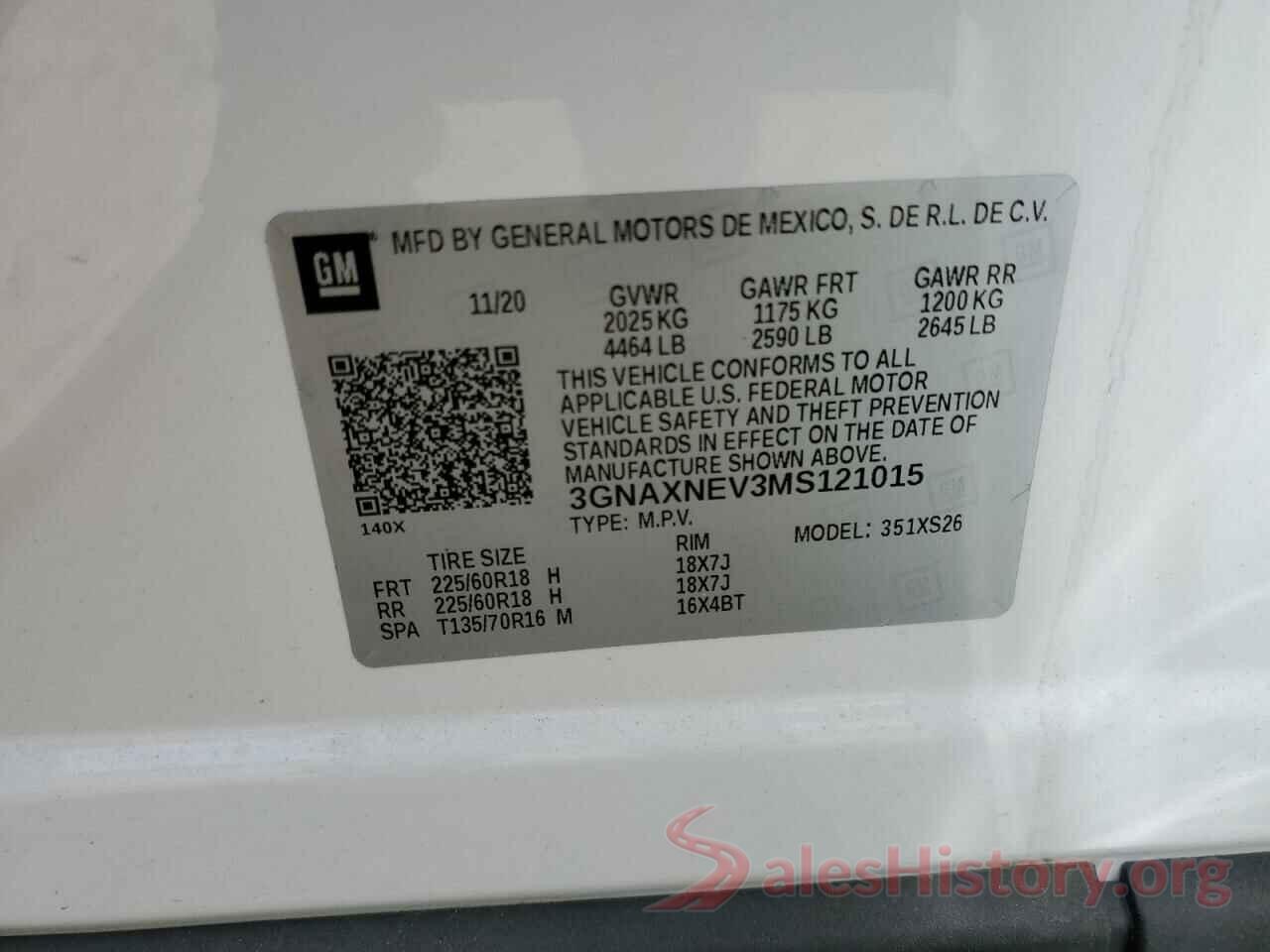 3GNAXNEV3MS121015 2021 CHEVROLET EQUINOX