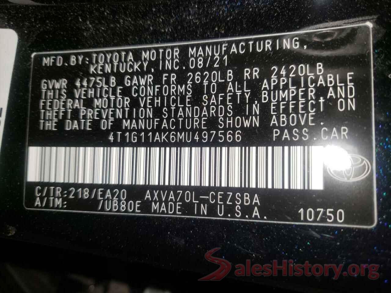 4T1G11AK6MU497566 2021 TOYOTA CAMRY