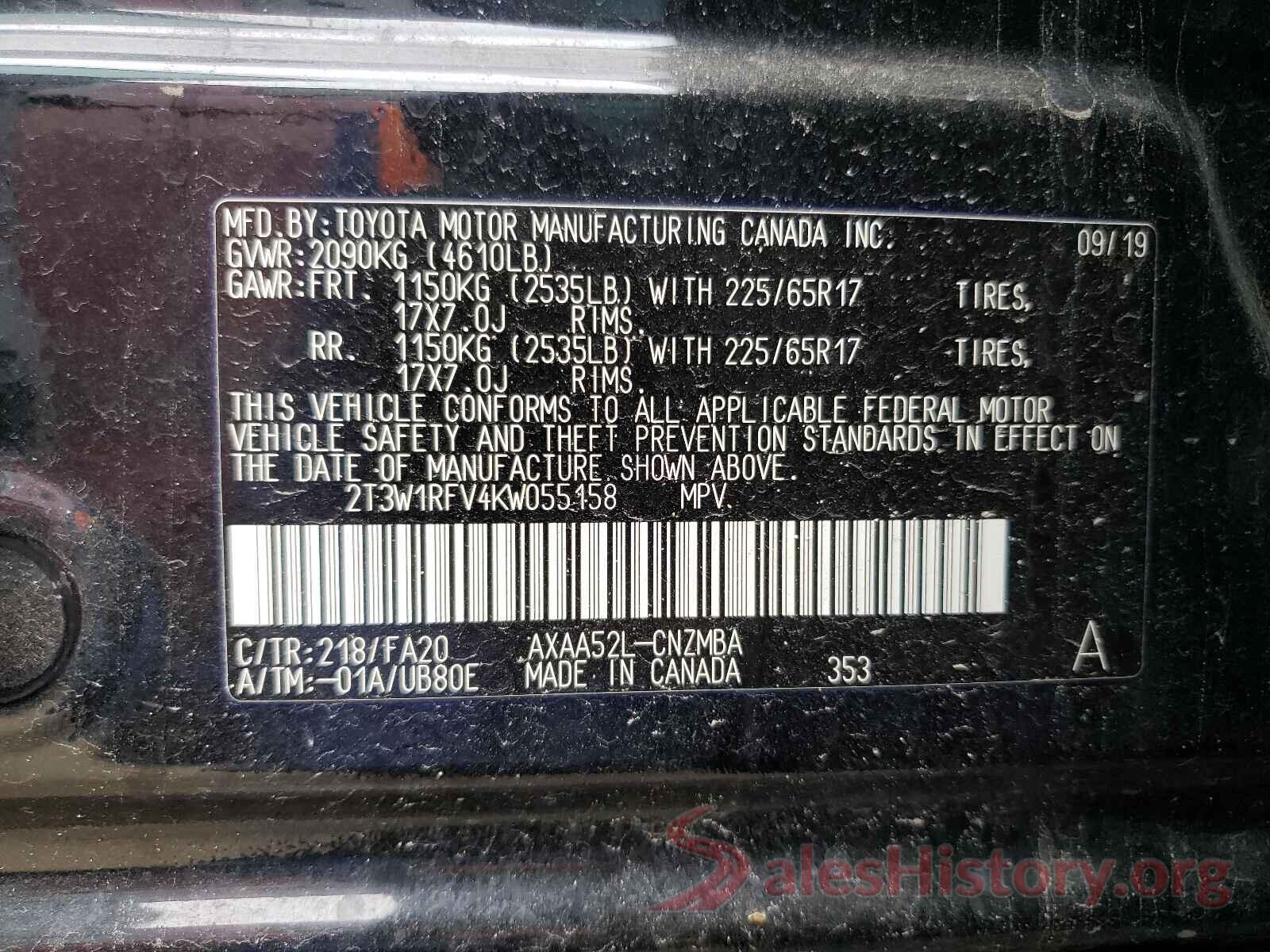 2T3W1RFV4KW055158 2019 TOYOTA RAV4