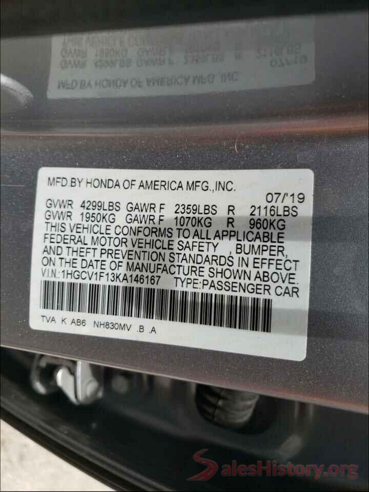 1HGCV1F13KA146167 2019 HONDA ACCORD