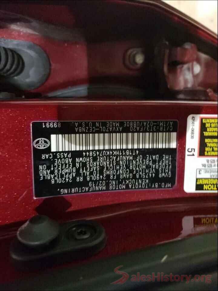 4T1B11HK4KU745844 2019 TOYOTA CAMRY