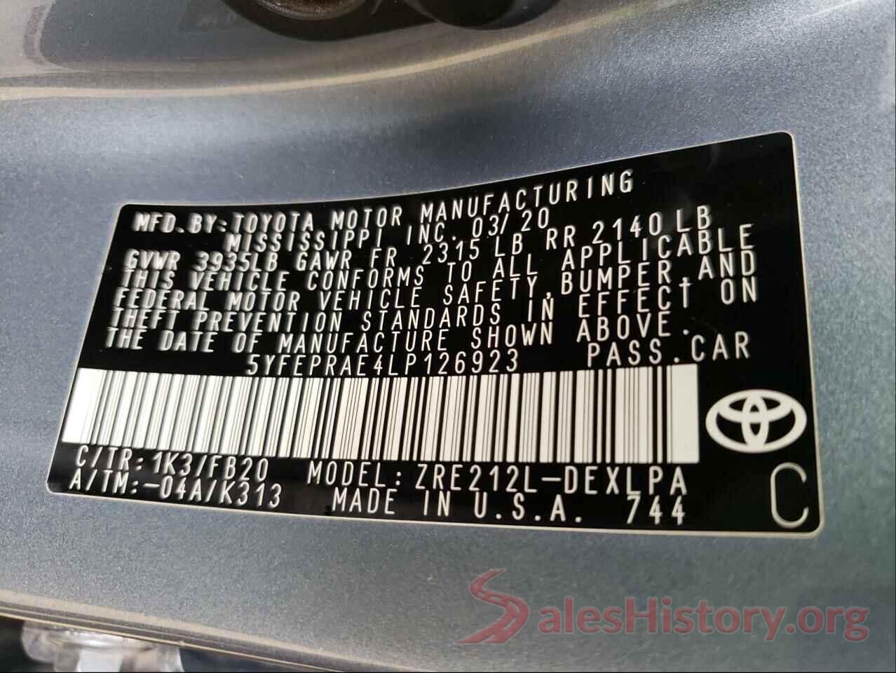 5YFEPRAE4LP126923 2020 TOYOTA COROLLA