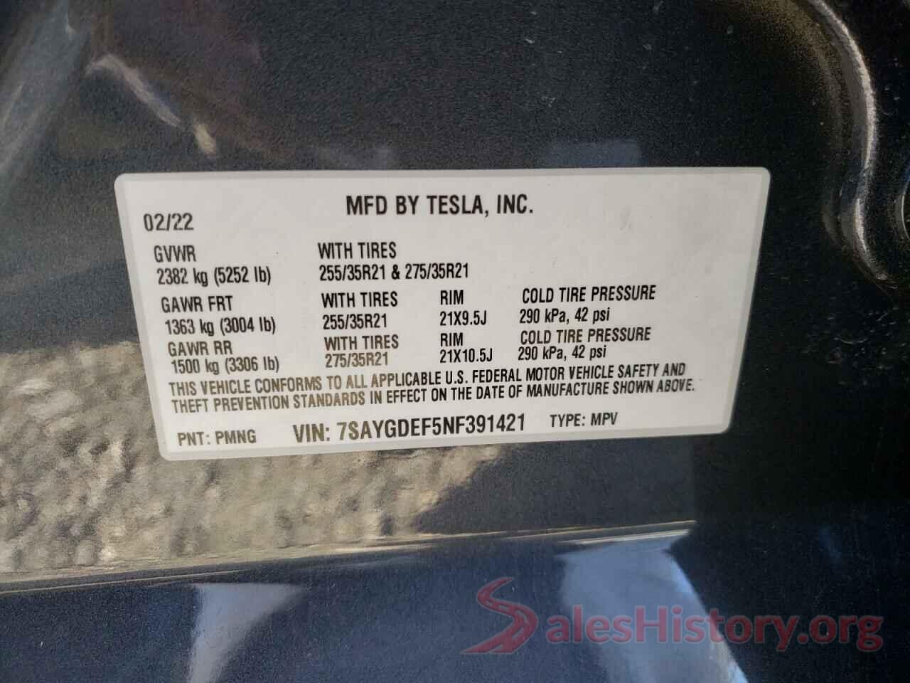 7SAYGDEF5NF391421 2022 TESLA MODEL Y