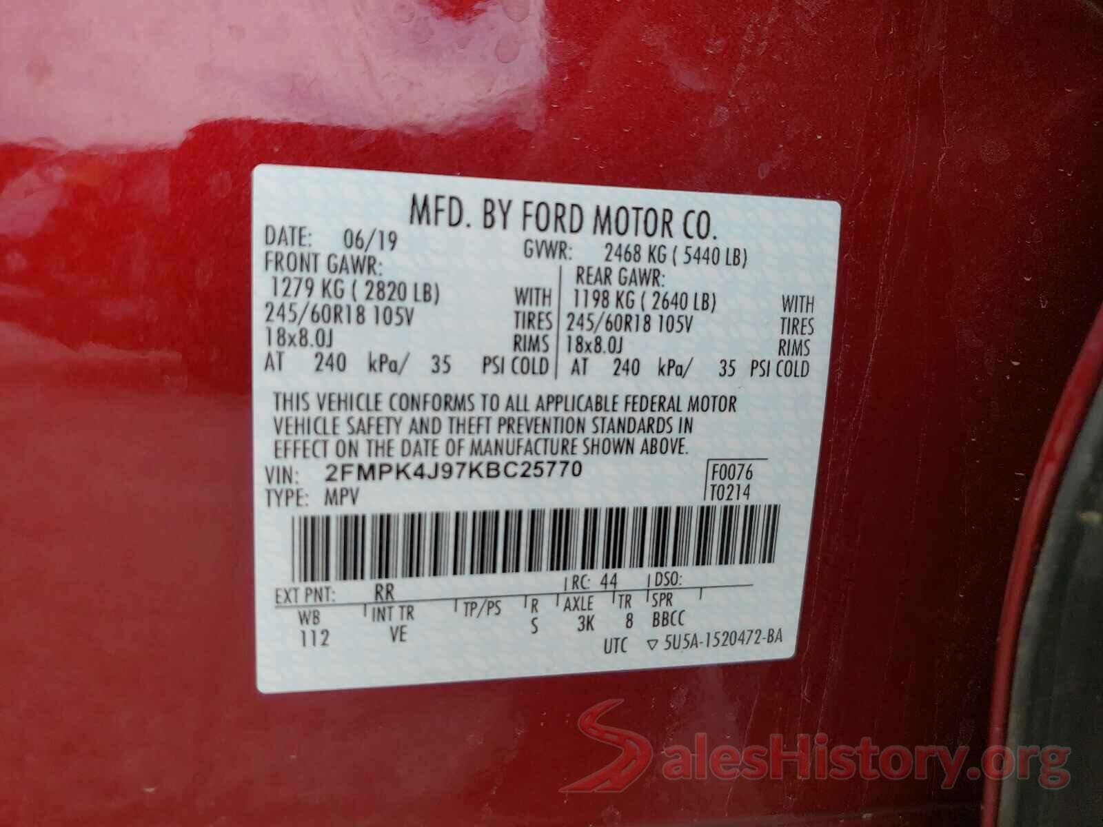 2FMPK4J97KBC25770 2019 FORD EDGE