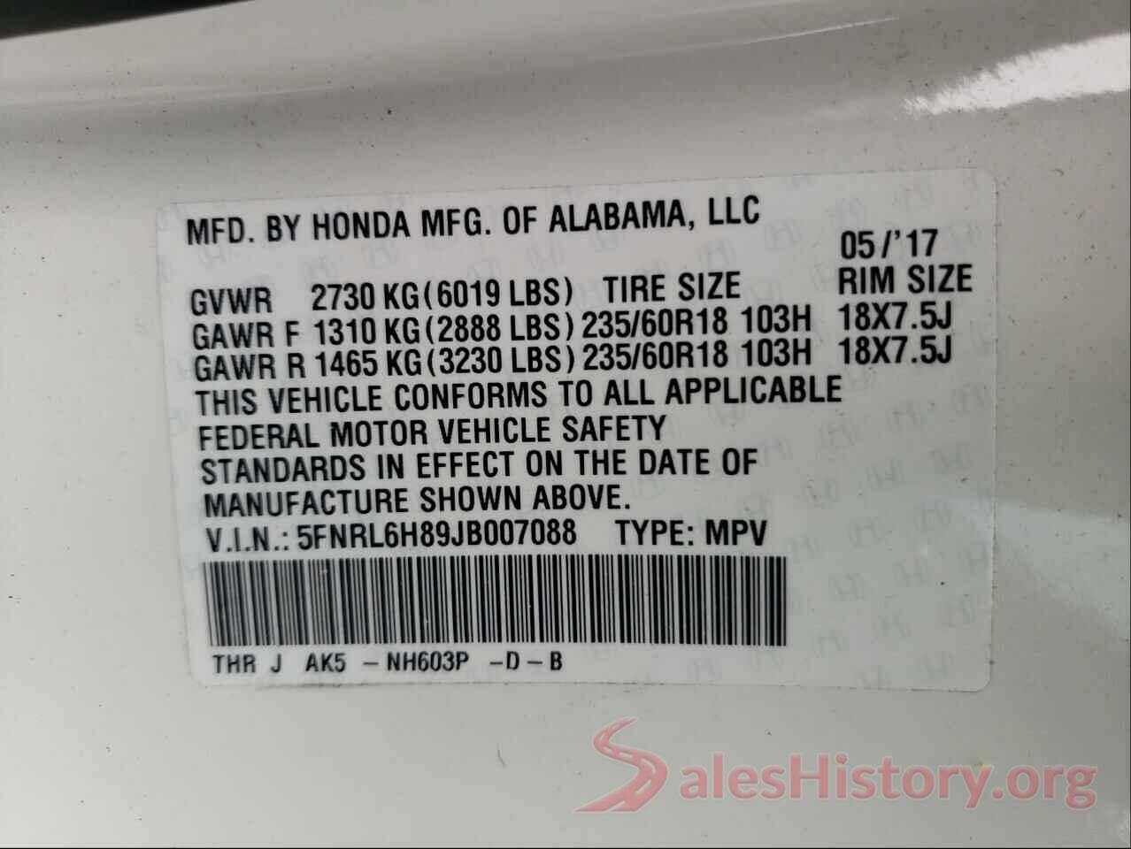 5FNRL6H89JB007088 2018 HONDA ODYSSEY