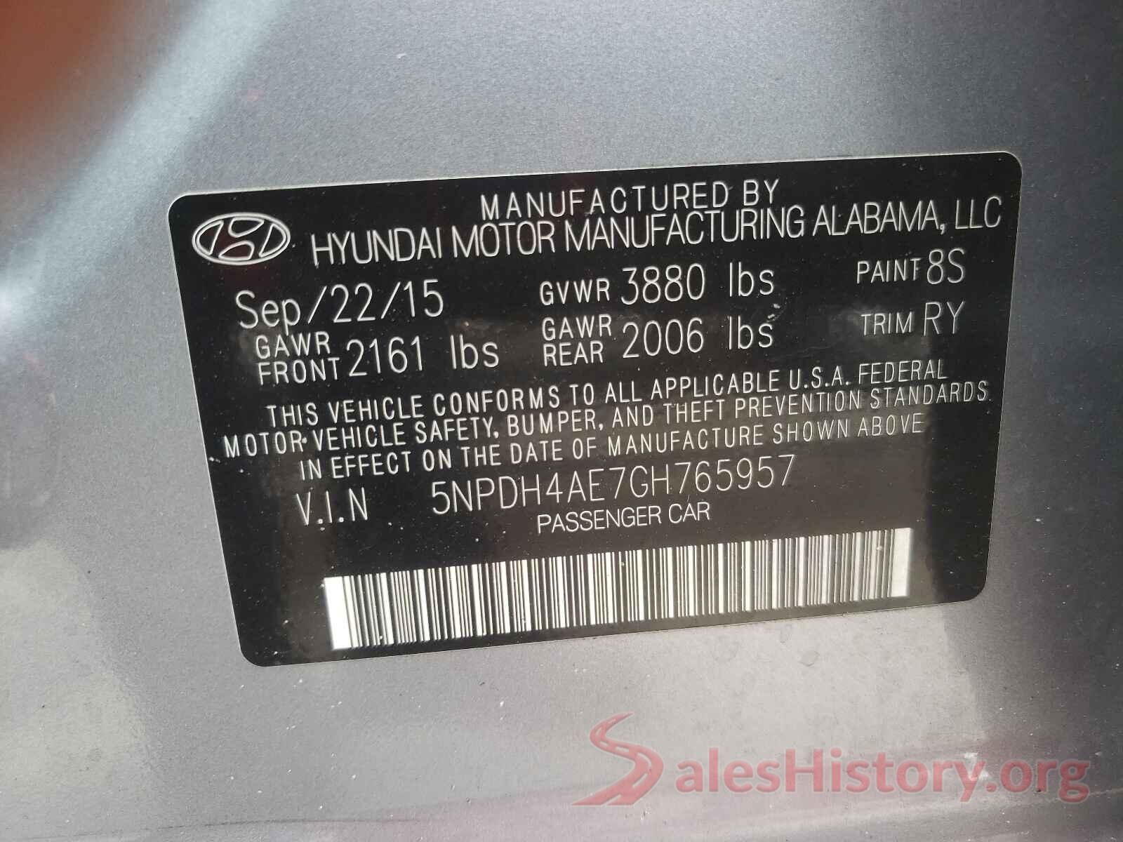 5NPDH4AE7GH765957 2016 HYUNDAI ELANTRA