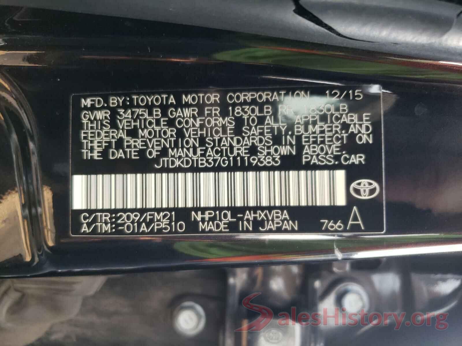 JTDKDTB37G1119383 2016 TOYOTA PRIUS