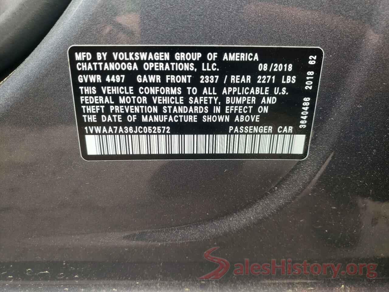 1VWAA7A36JC052572 2018 VOLKSWAGEN PASSAT