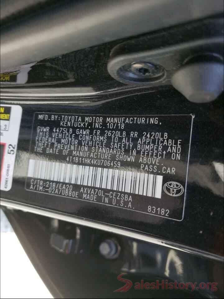 4T1B11HK4KU706459 2019 TOYOTA CAMRY