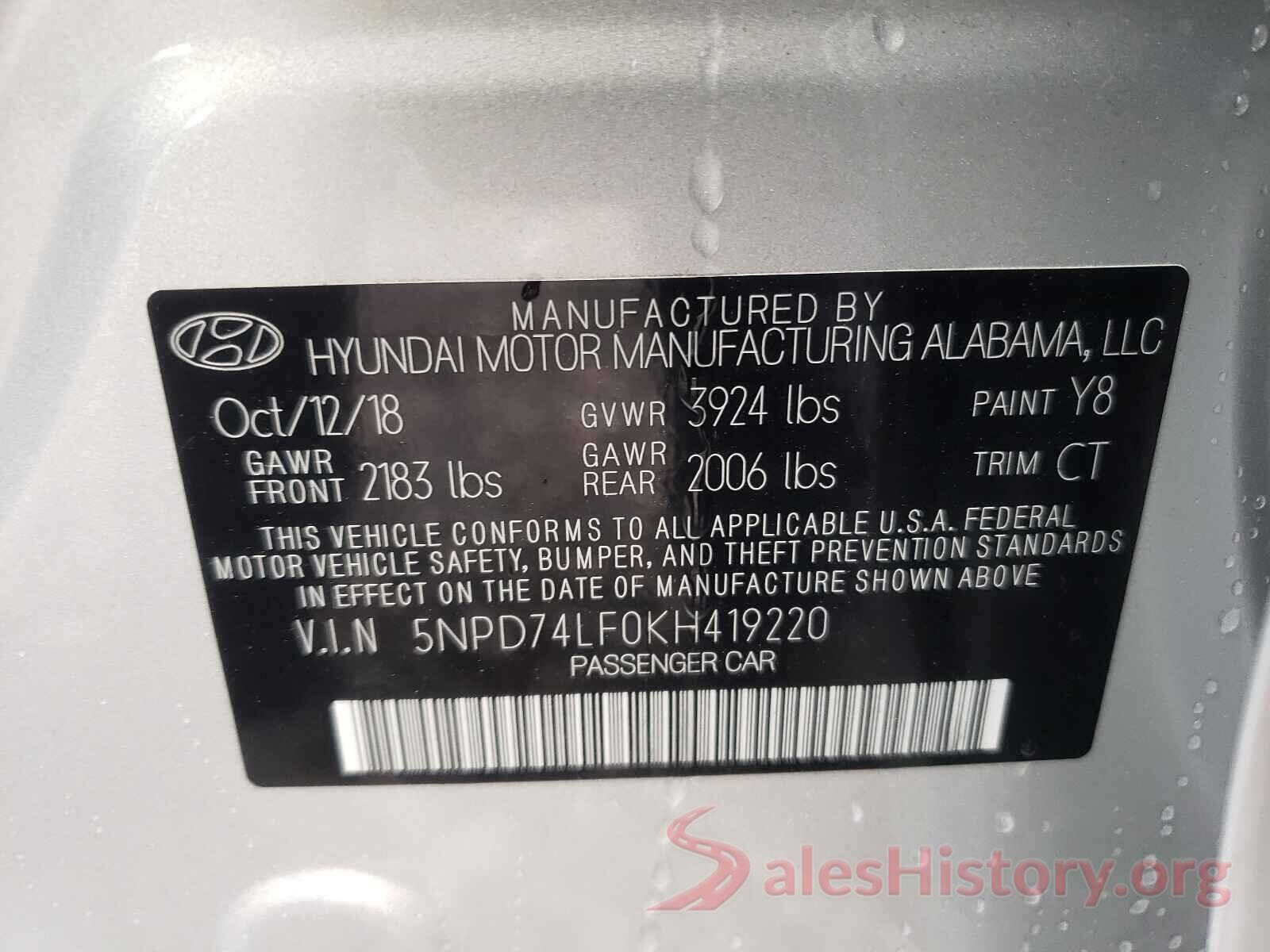 5NPD74LF0KH419220 2019 HYUNDAI ELANTRA