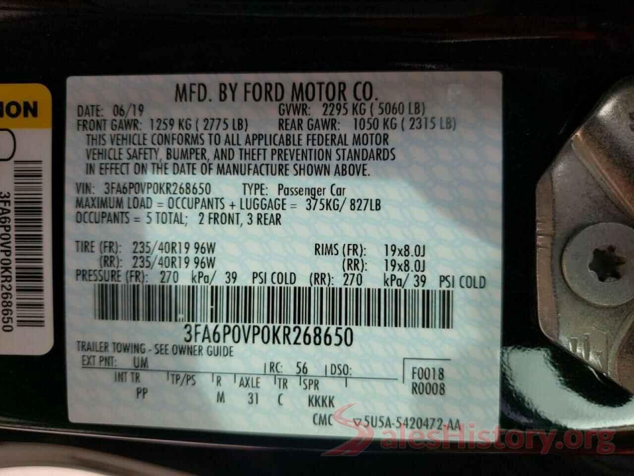 3FA6P0VP0KR268650 2019 FORD FUSION