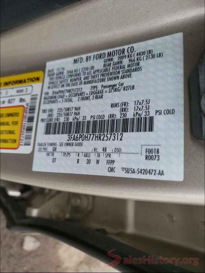 3FA6P0H77HR257312 2017 FORD FUSION