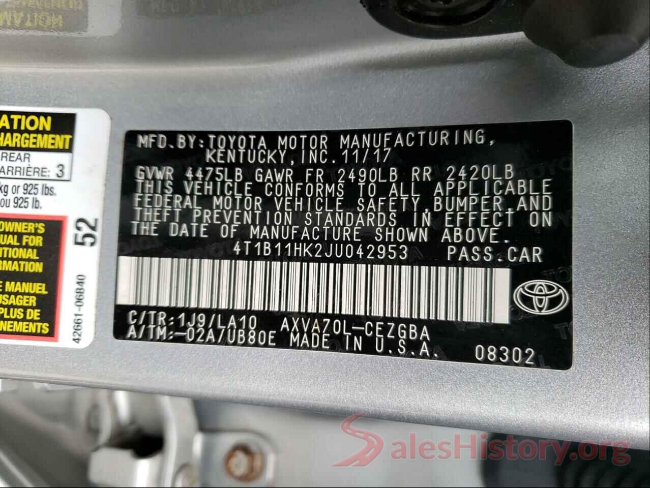 4T1B11HK2JU042953 2018 TOYOTA CAMRY