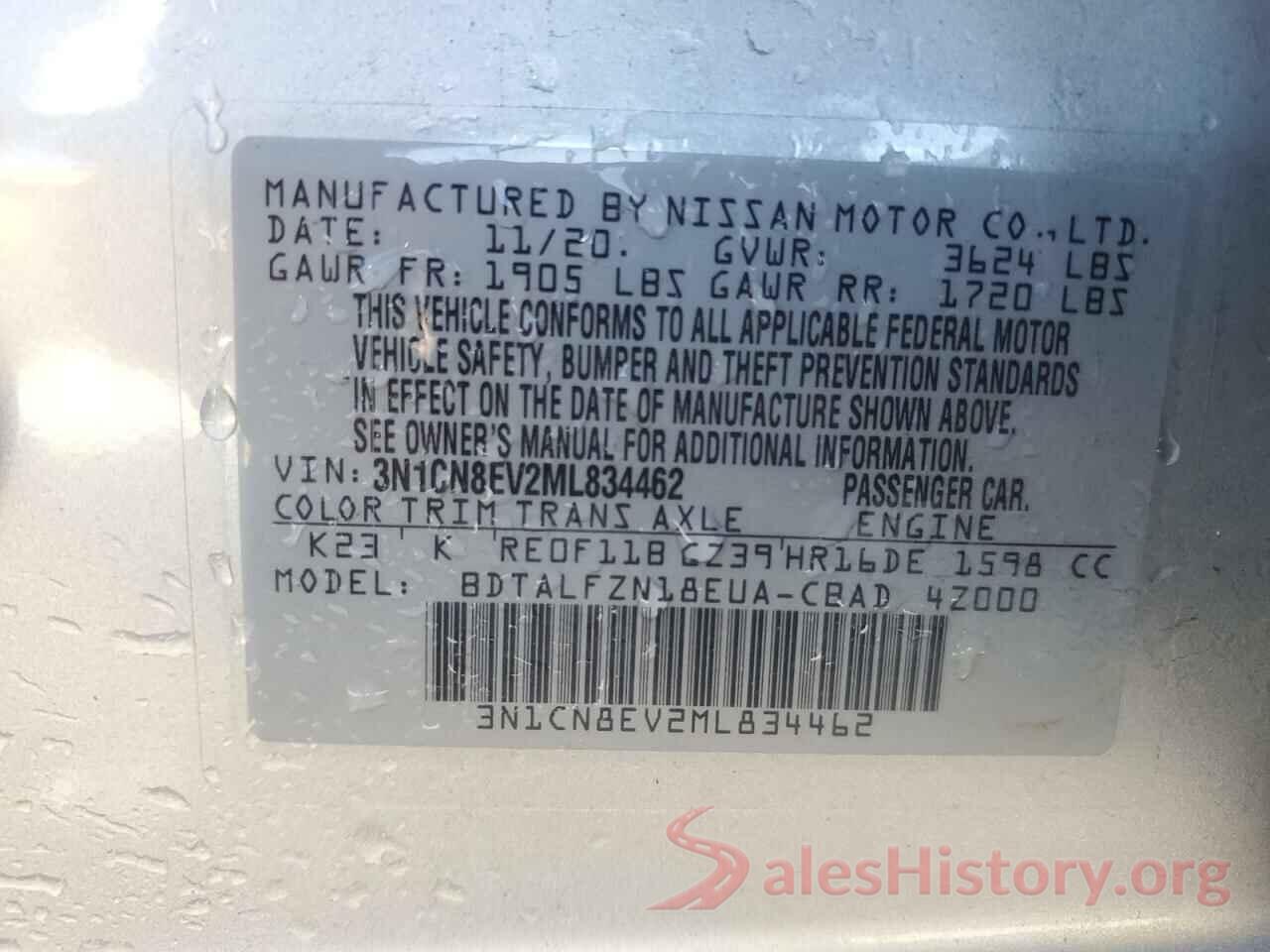 3N1CN8EV2ML834462 2021 NISSAN VERSA