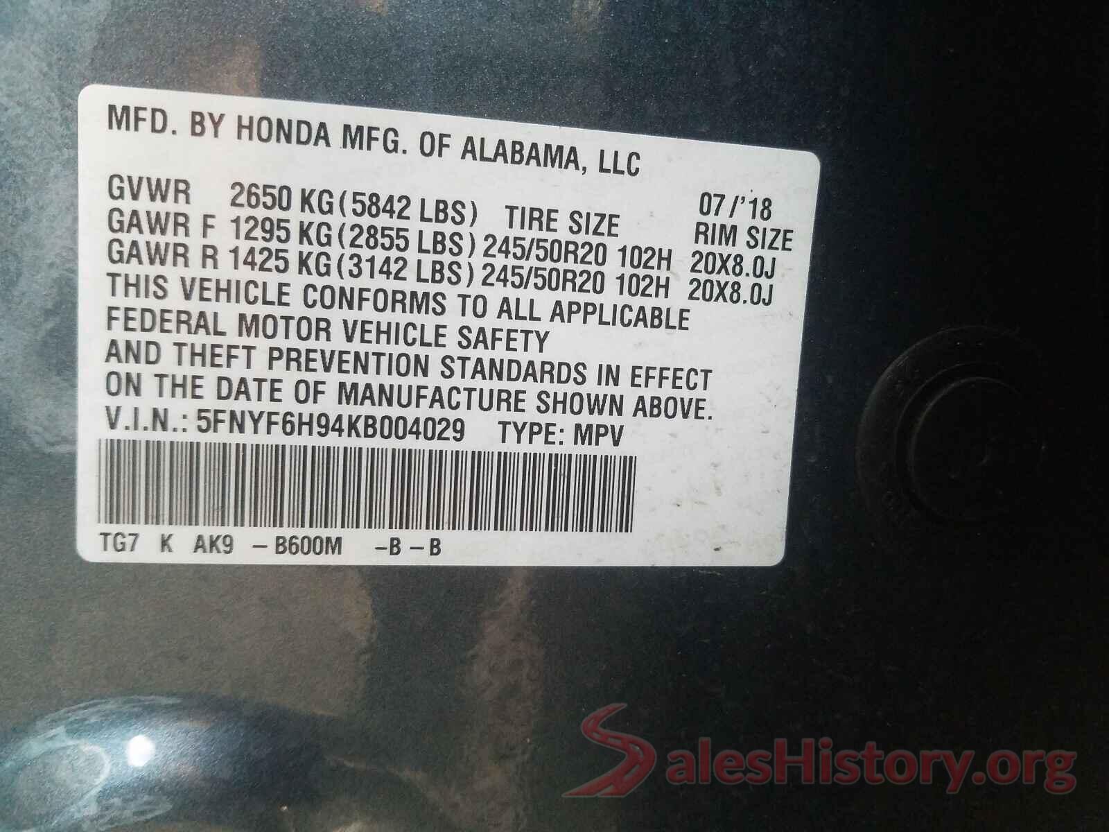 5FNYF6H94KB004029 2019 HONDA PILOT