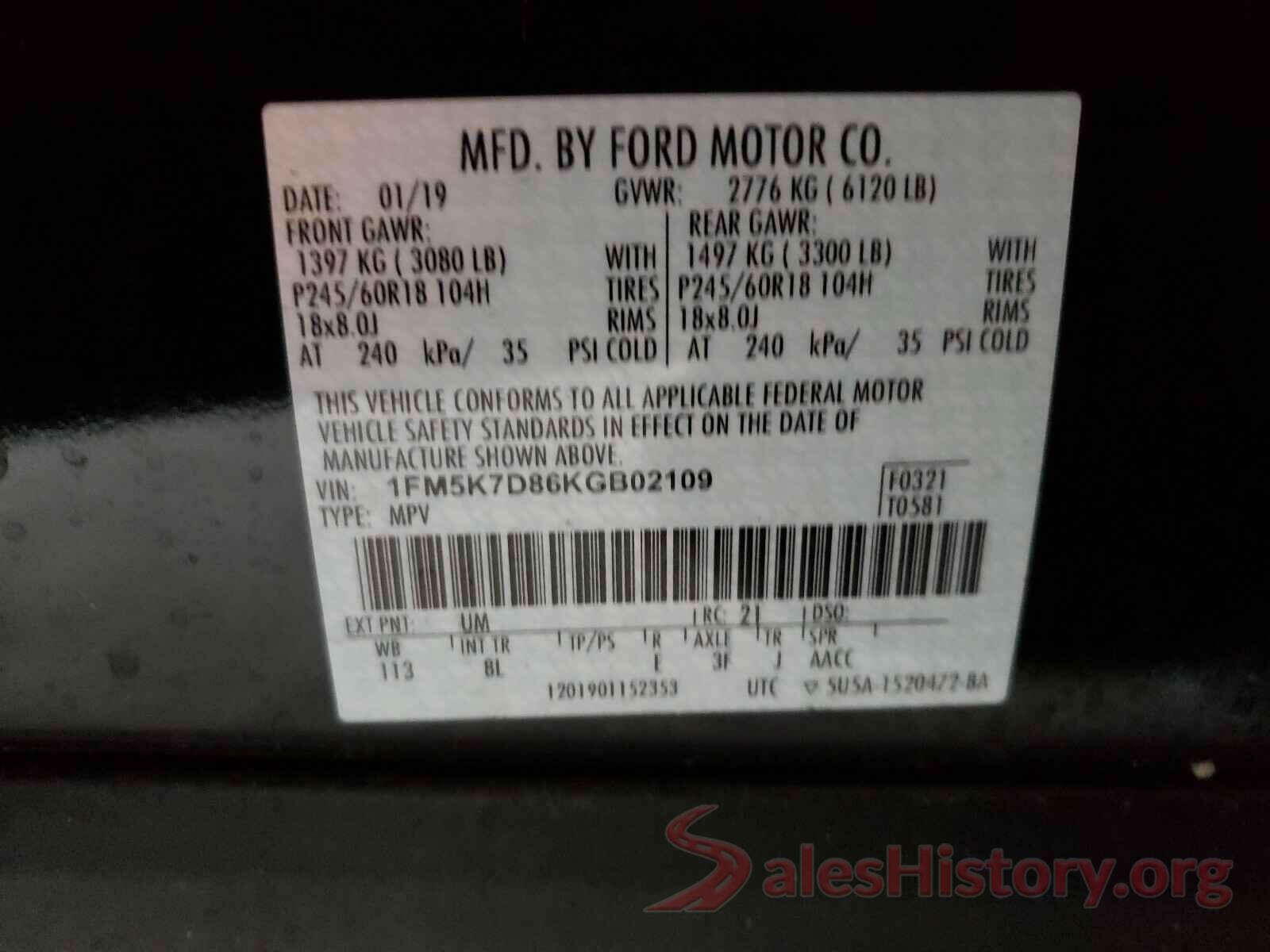 1FM5K7D86KGB02109 2019 FORD EXPLORER